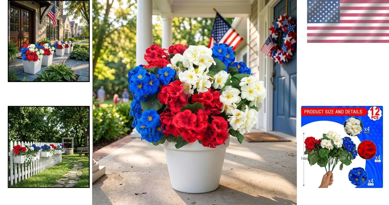 12 Pcs UV Resistant Artificial Geranium Flowers – Red, White, Blue Decor