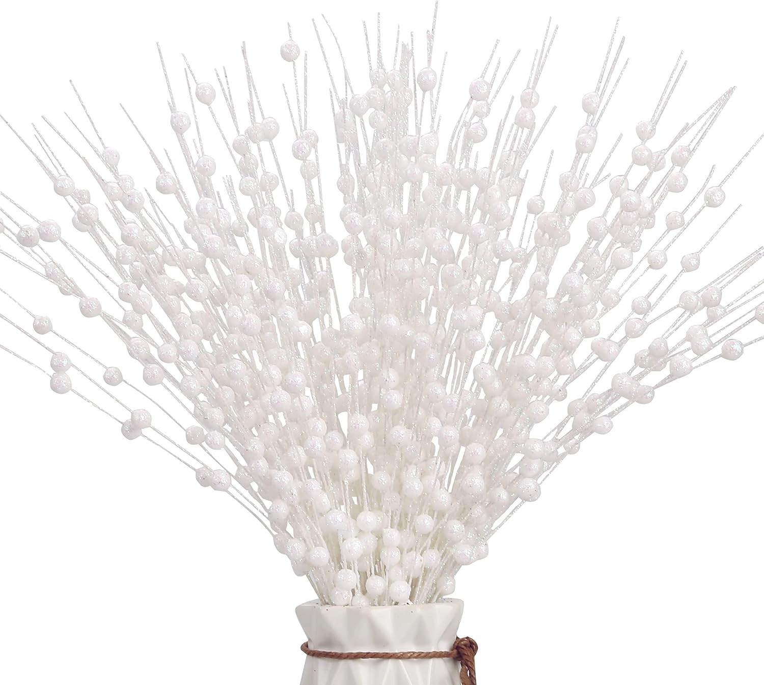 12 PCS White Glitter Berry Picks for Christmas Decor and DIY Wreaths (15.8’’)