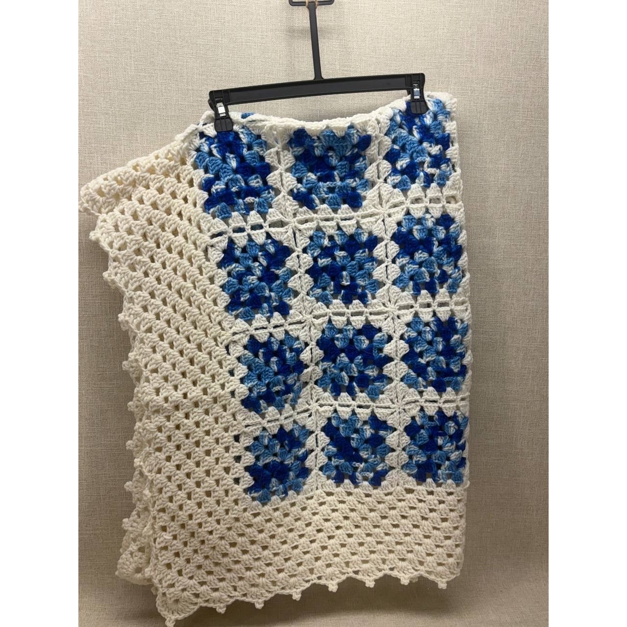 Vintage Handmade Crochet Granny Square Blanket Blue Cream Afghan Throw 53×43