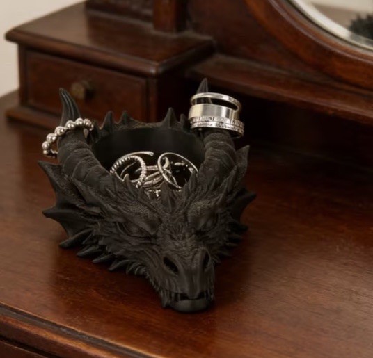 Black 3D Printed Dragon Head Catchall Bowl. Jewelry, Dice Holder. Fantasy.