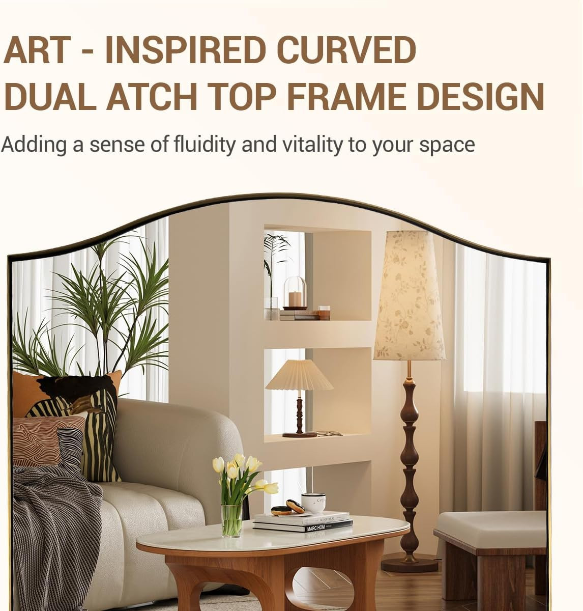 Brushed Brass Scalloped Gold Mirror, 24&Prime;x36&Prime; Modern Curved Edge Design