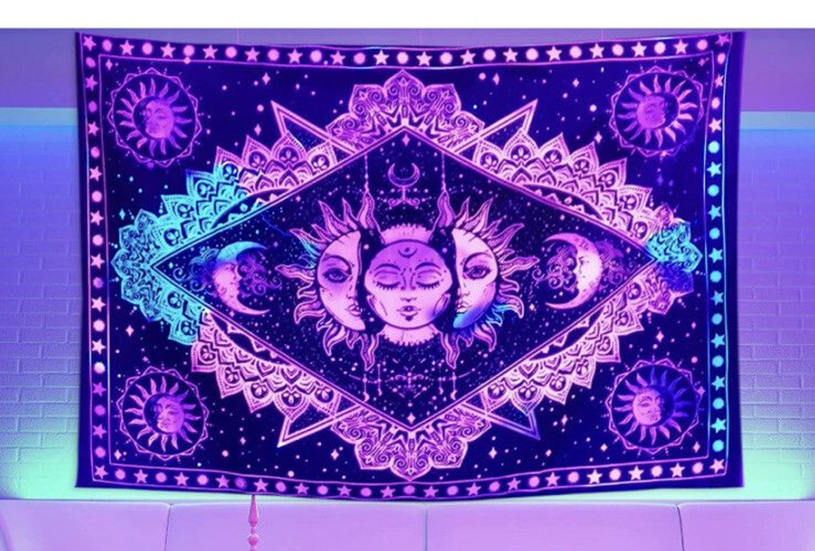 Blacklight Sun Tapestry Trippy Moon Tapestry Wall Hanging