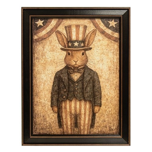 NEW PRIMITIVE PRINT UNCLE SAM RABBIT Framed 14.5&Prime;W x 18.5&Prime;T USA PATRIOTIC RUSTIC