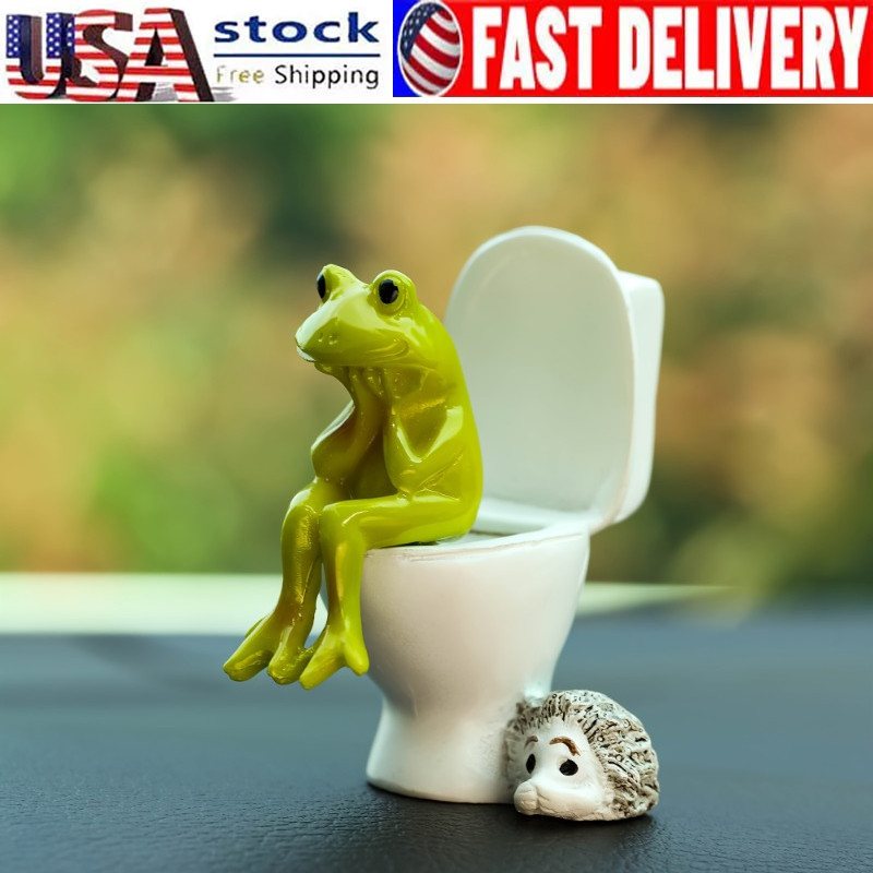 Frog On Toilet Statue Fairy Garden Sculpture Tabletop Figurine Gifts Home Decor