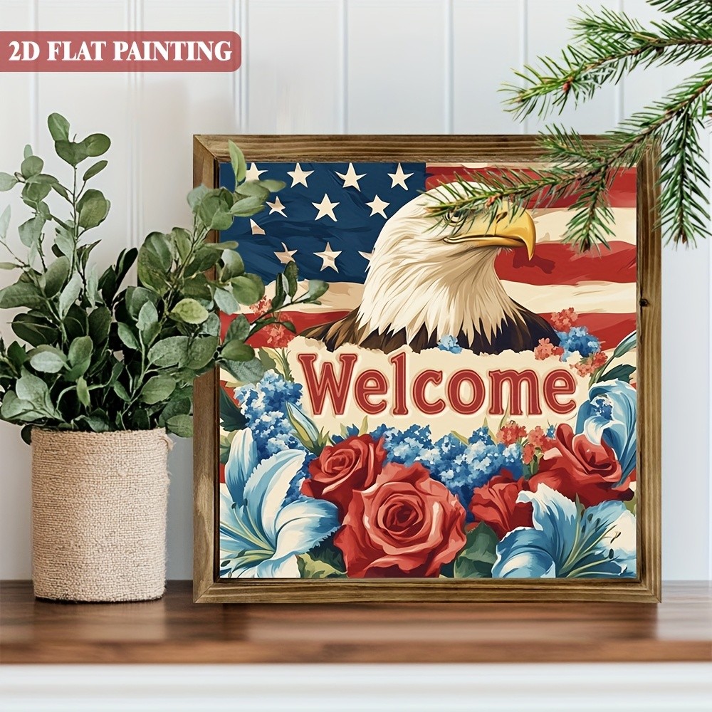 Welcome American Eagle with Flowers Wall Art, Farmhouse Patriotic Decor
