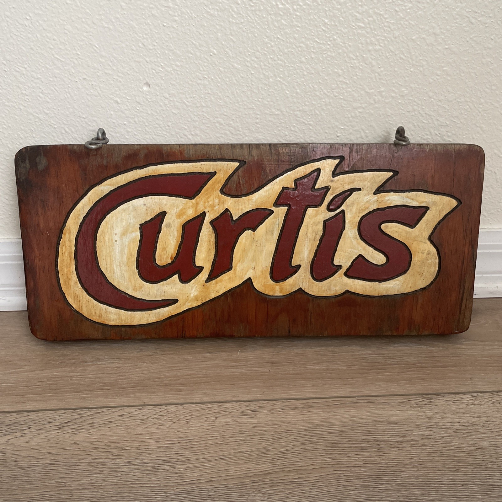 Rustic Wood Metal Hanging Double Side “CURTIS” Sign Brown Red/Yellow 18.5”L,8”H