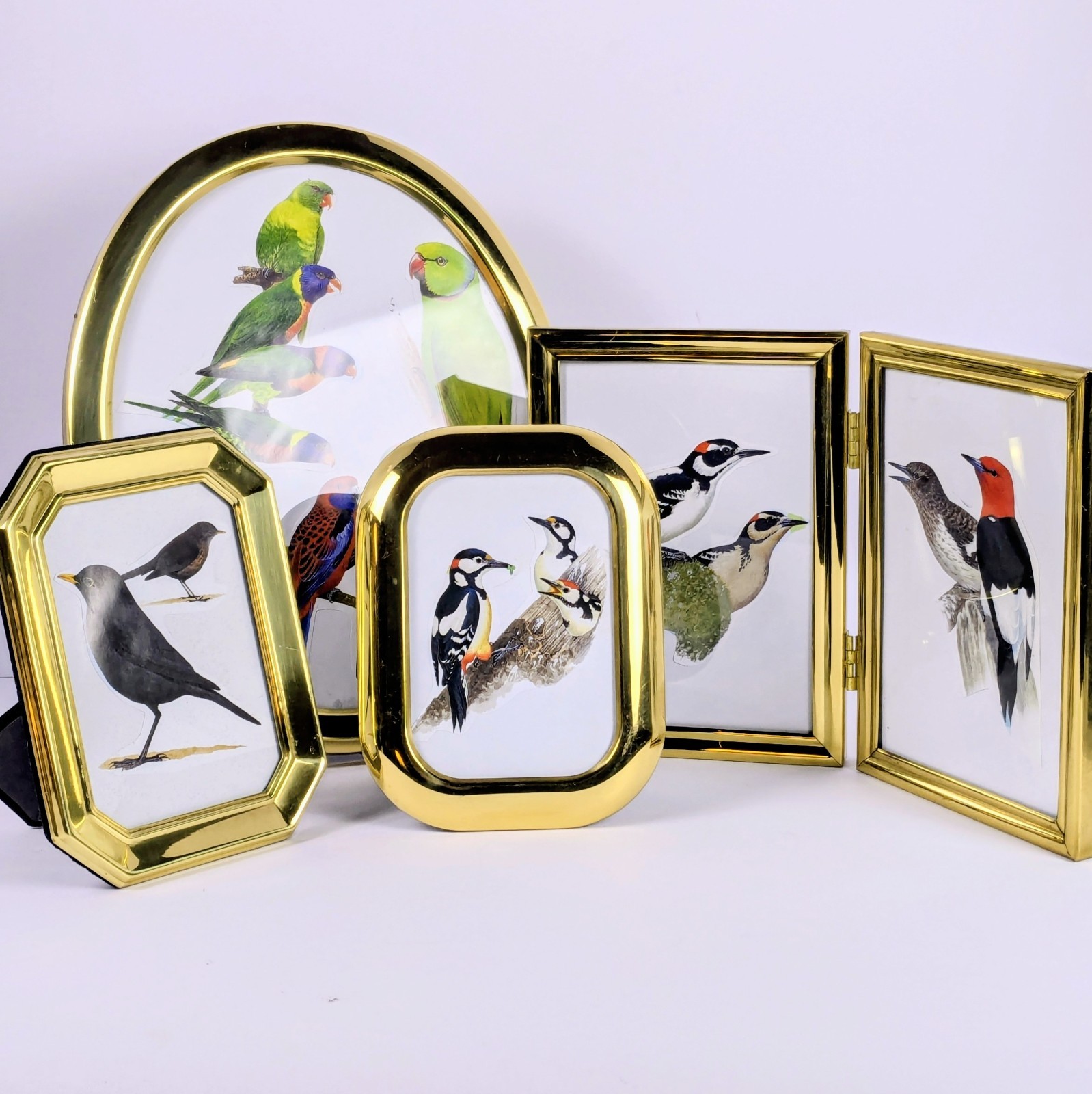 Vintage 1980s Brass Picture Frames Lot Gold Metal Desk Folding Oval Octagon