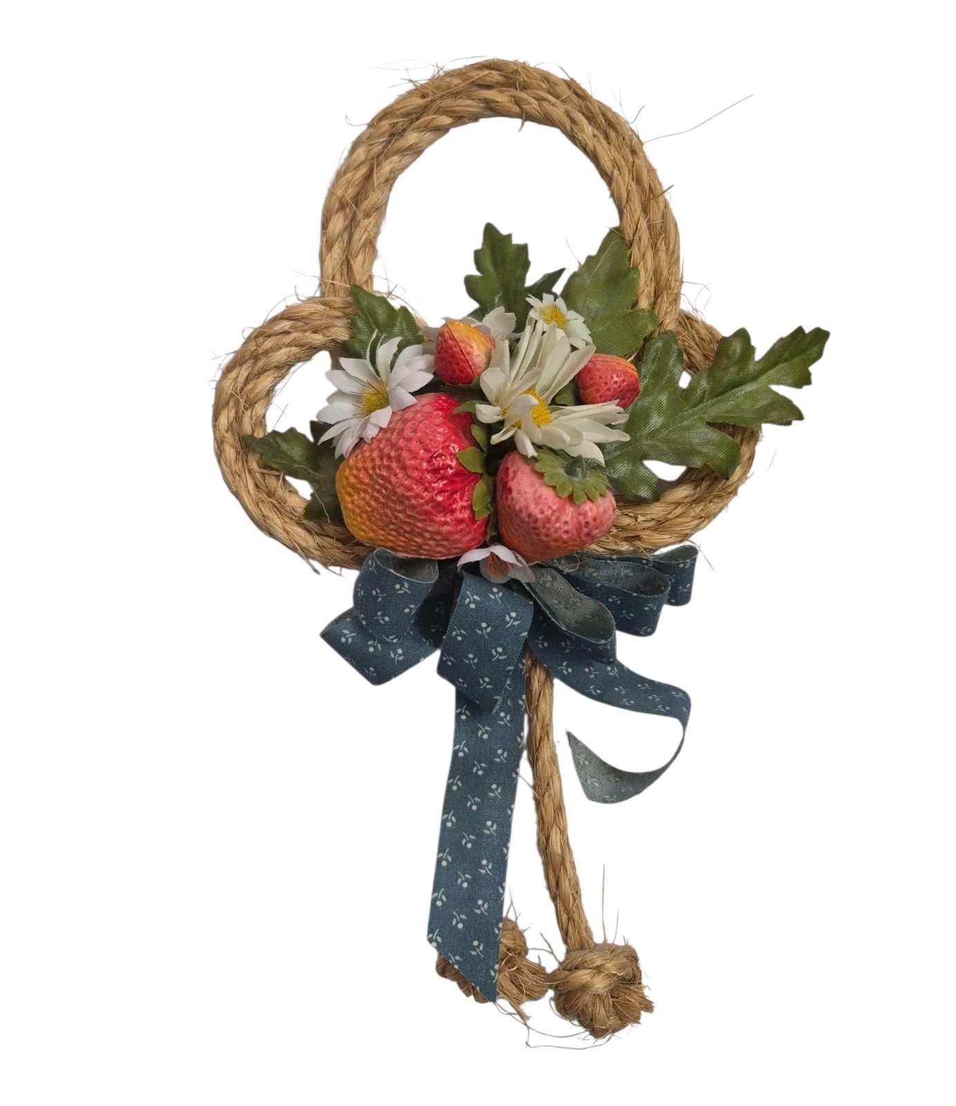 Vintage Country Cottage Wall Hanging Strawberries Flowers Twine Blue Granny