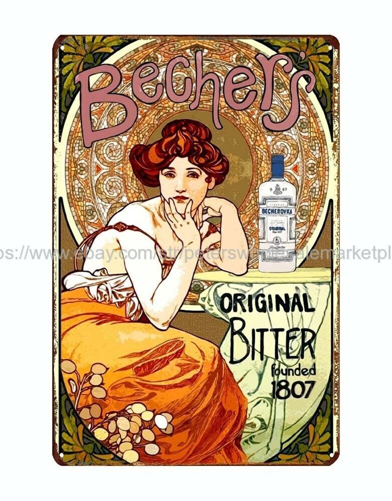 wall art Art Nouveau Bechers Original Bitter 1807 Alphonse Mucha metal tin sign