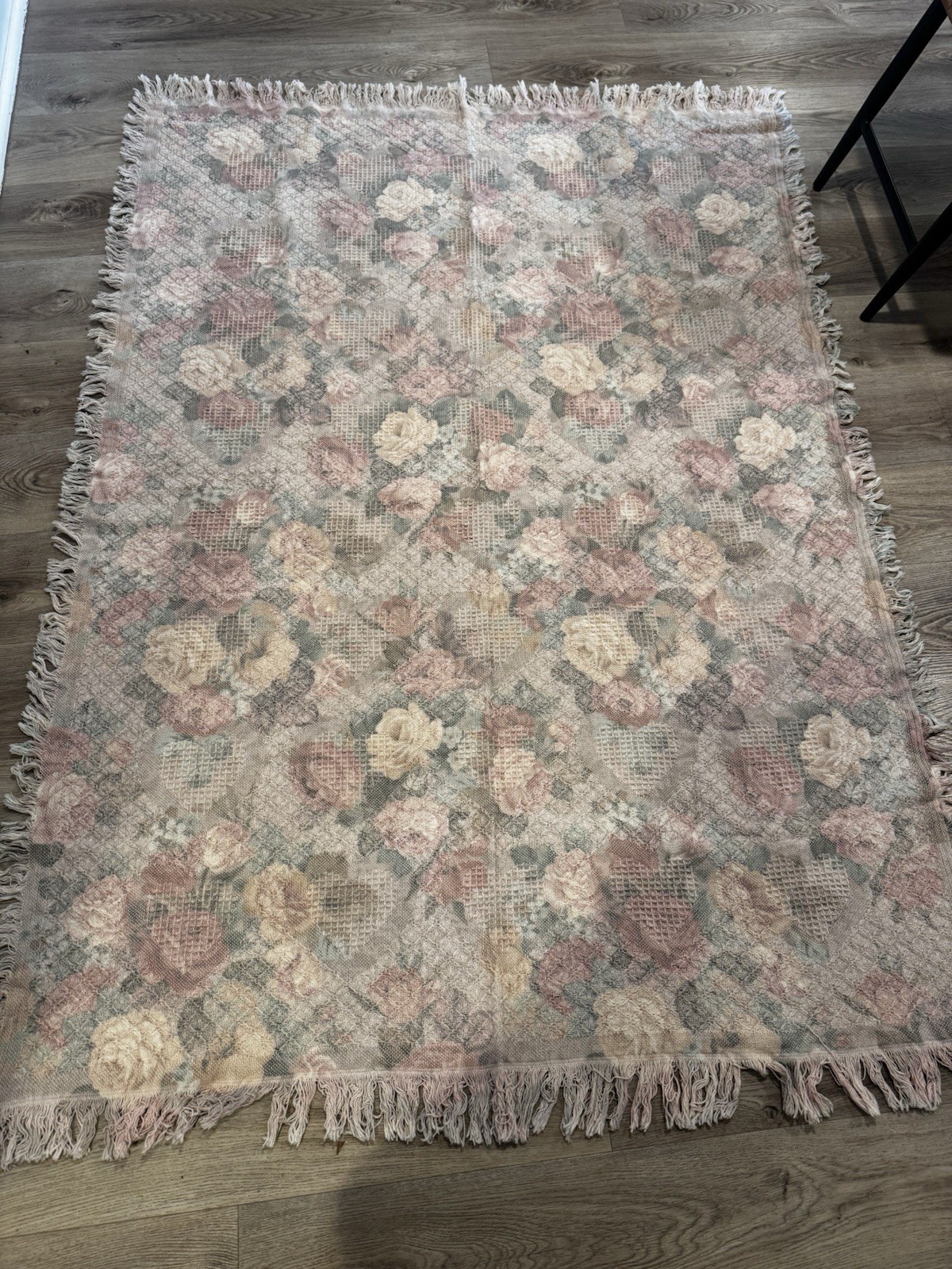 Vintage Simply Country Woven Floral Hearts Pastel Throw Blanket Fringe NWT 1992