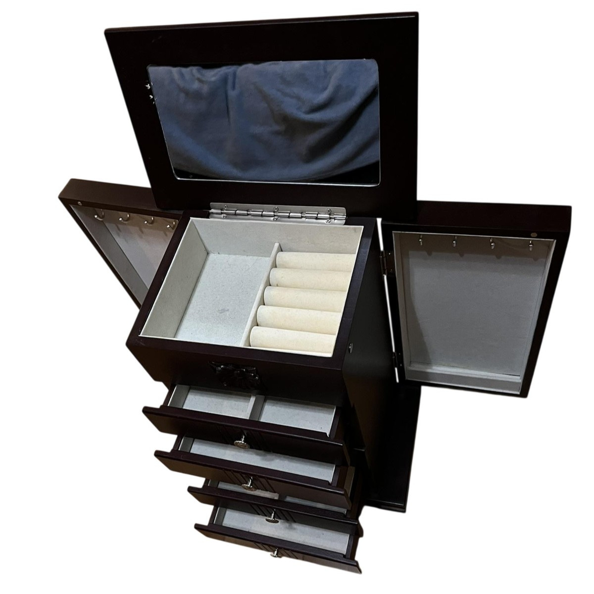 Brown Wood Jewelry Box Medium Standing Chest Mirror Drawers Necklace Hooks
