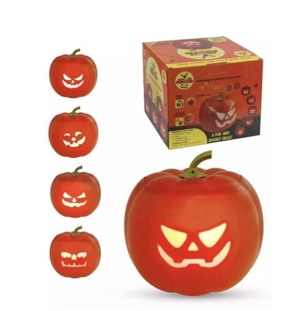 Three (3) Automated Pumpkins – 5 funny and spooky faces w/ music – Rechargeable
