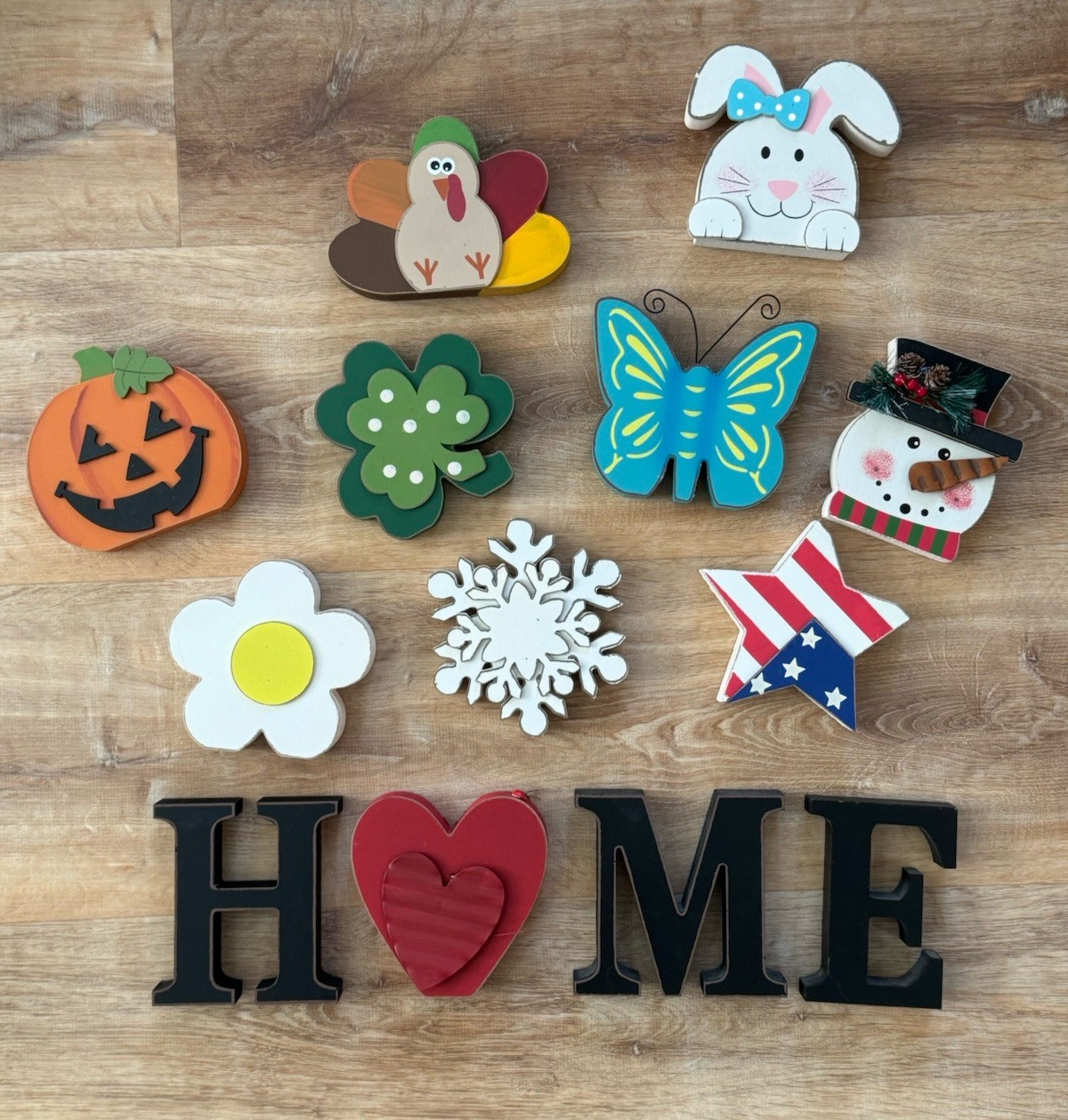 Home Wooden Sign Interchangeable Seasons 13 Piece Wood Shelf Sitter 5×5 Each