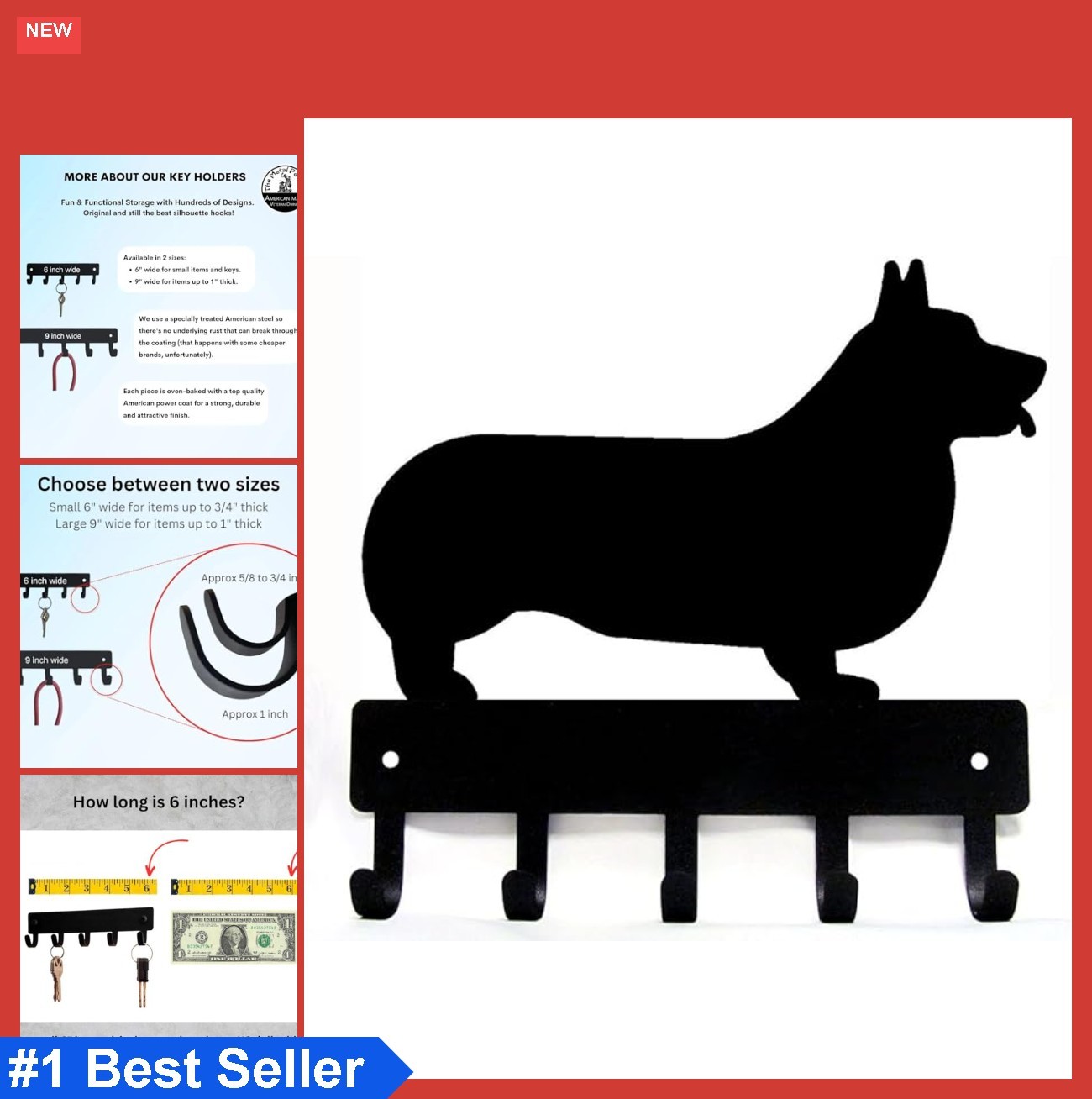 Key Holder for Wall 6 Inch 5 Hooks Dog Design Corgi Made in USA Leash Rack