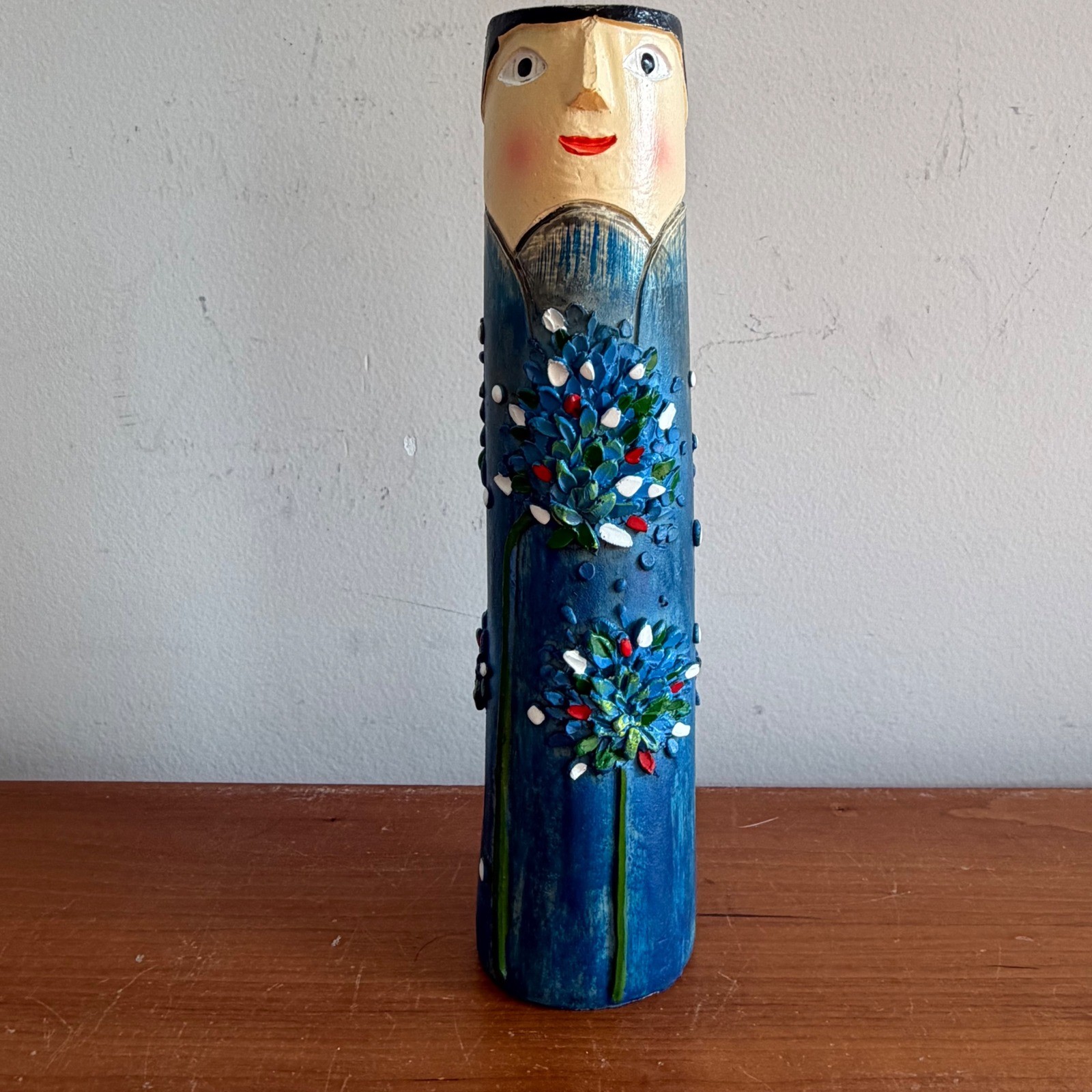 Vintage Folk Art Hand Painted Face Bud Vase Whimsical Blue Floral Pottery 7.25in