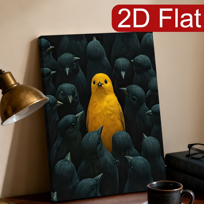 Yellow Bird Standing Out Among Black Crows Canvas Wall Art,Unique Wildlife Decor