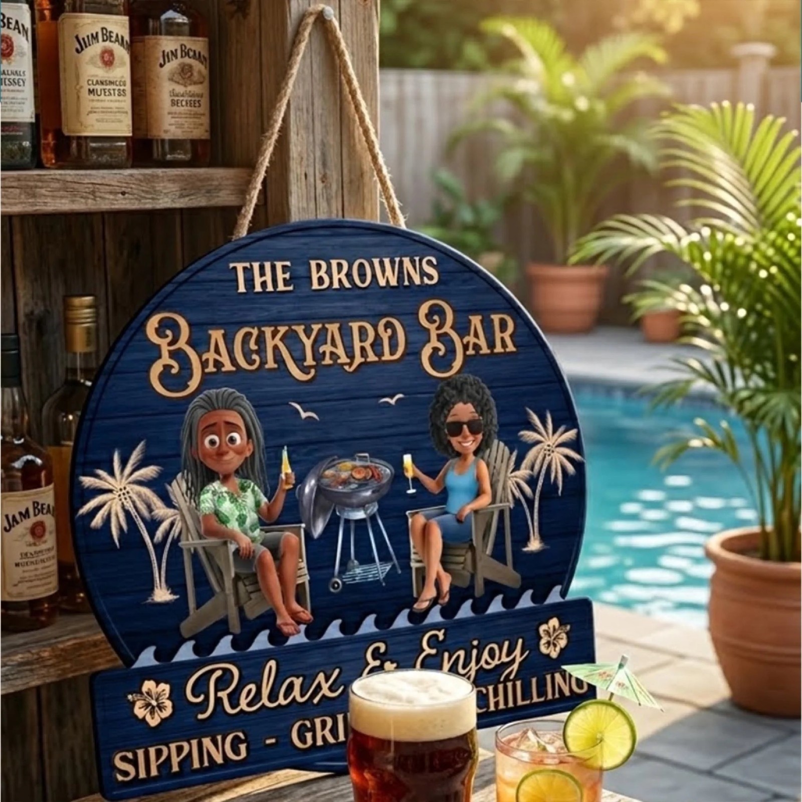 Custom Pool Patio Sign Tropical Couple Wooden Backyard Decor Gift