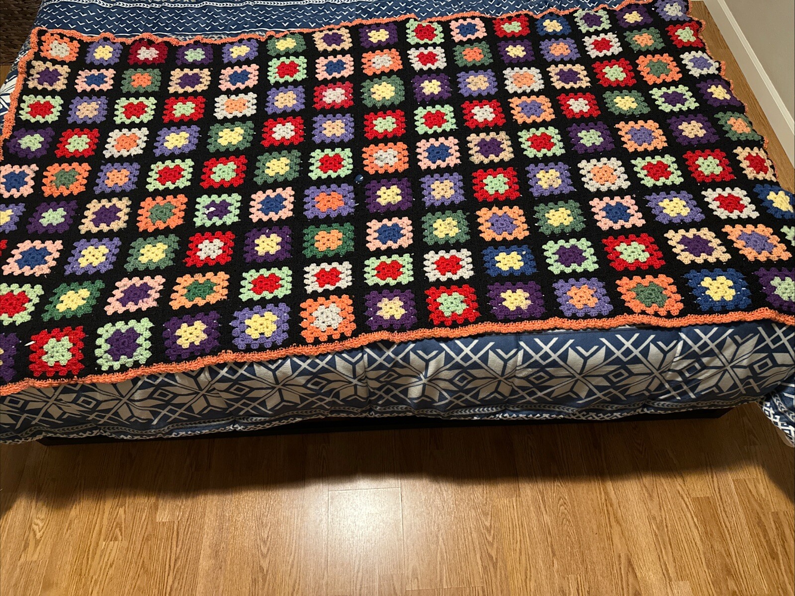 Vtg Granny Square Black MultiColor Crochet Afghan Throw 73”x40” Beautiful