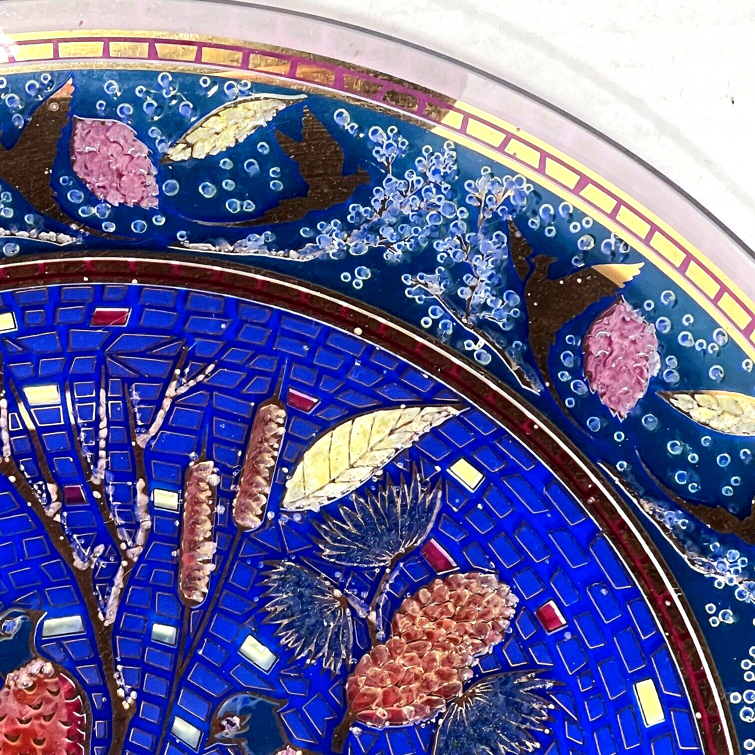 Vtg Houze Art Glass Mosaic Design Plate Blue & Gold w/Pheasants 11&Prime; Diameter