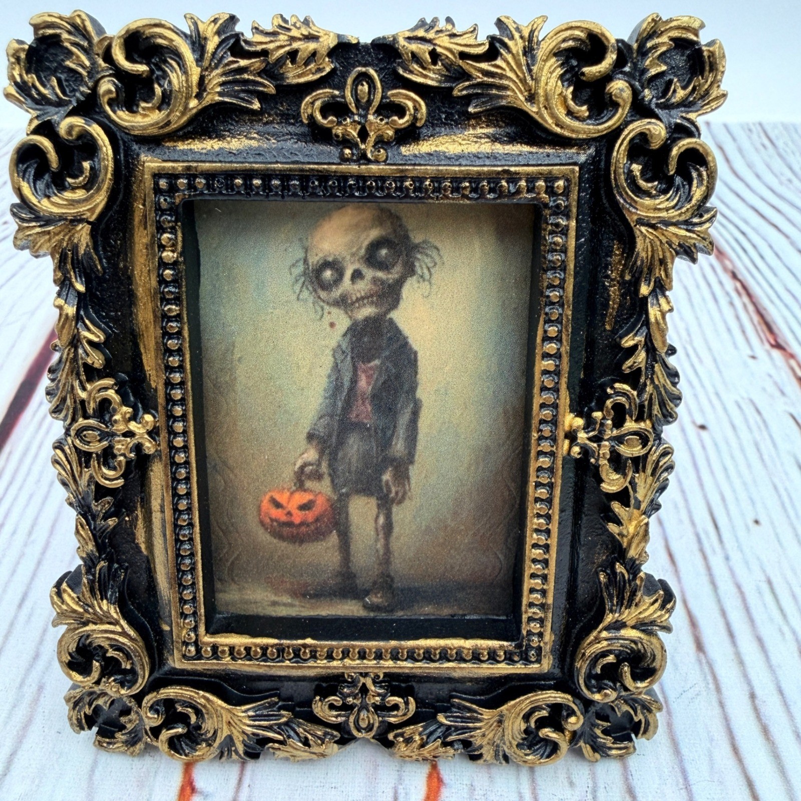 Zombie Boy Decoupage Art Halloween Decor Ornate Black Gold Resin Frame 4×3.25