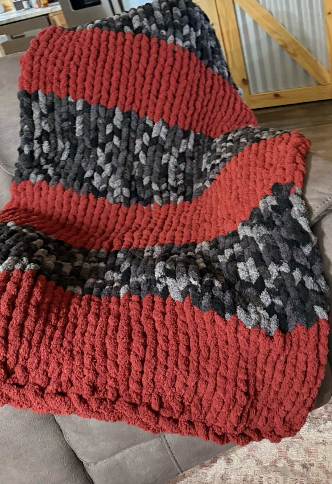 Handmade Soft Plush Chunky Blanket. 100% Polyester. Garnet/ Black Gray Camo