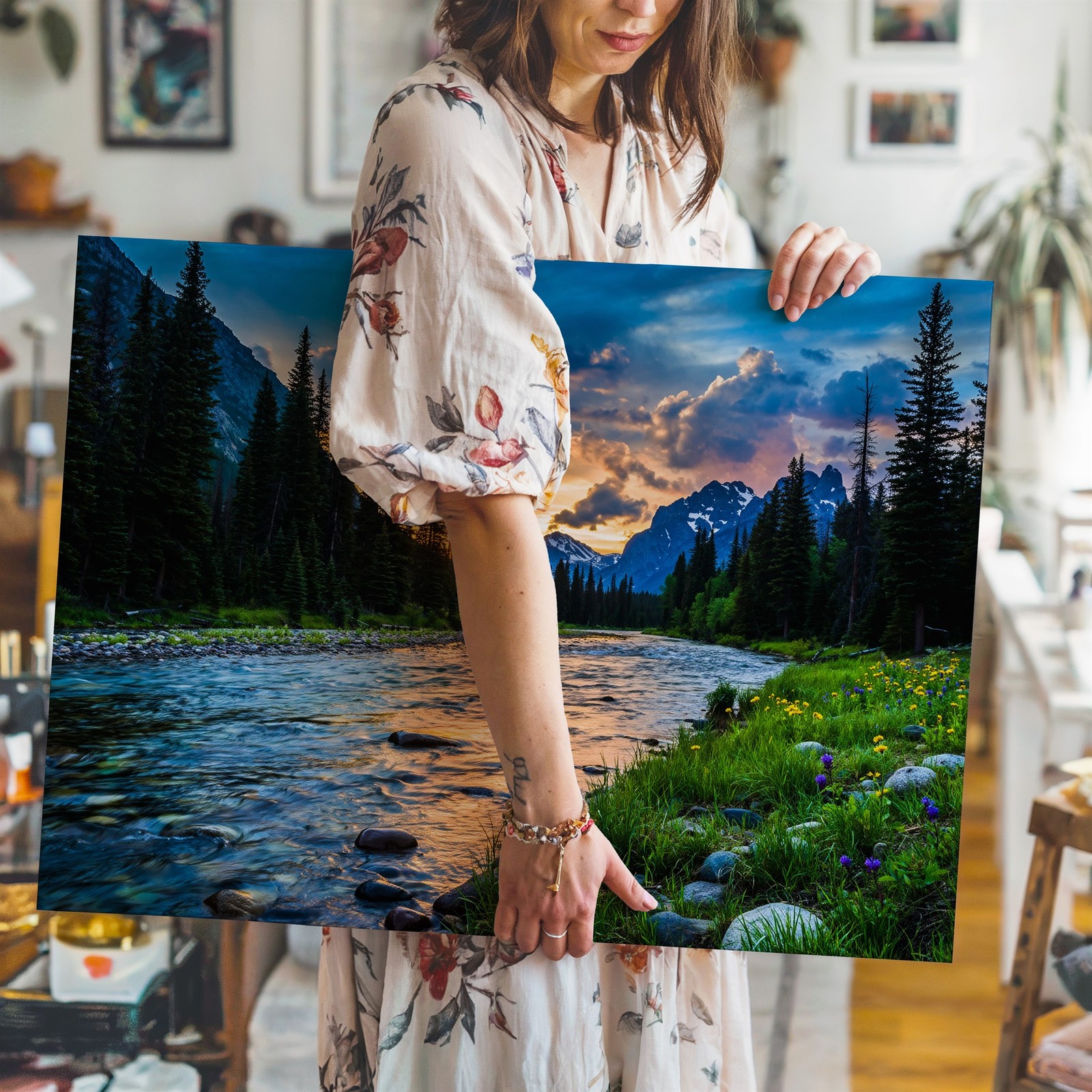 Breathtaking Landscape At Sunset, Featuring A Winding River Flowing Wall Art