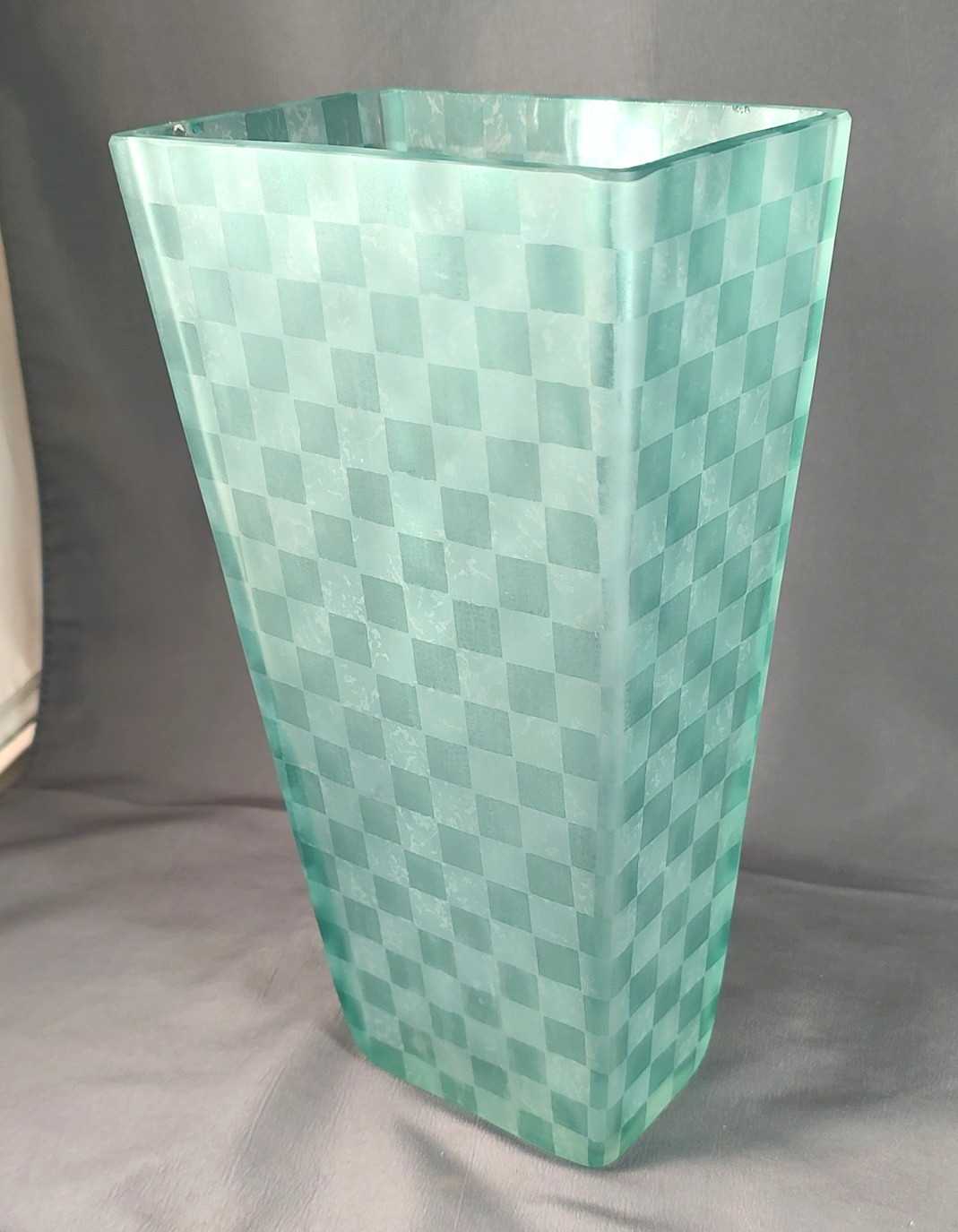 Blue-Green Checkered Art Glass Vase. Iridescent, 10&Prime; Tall