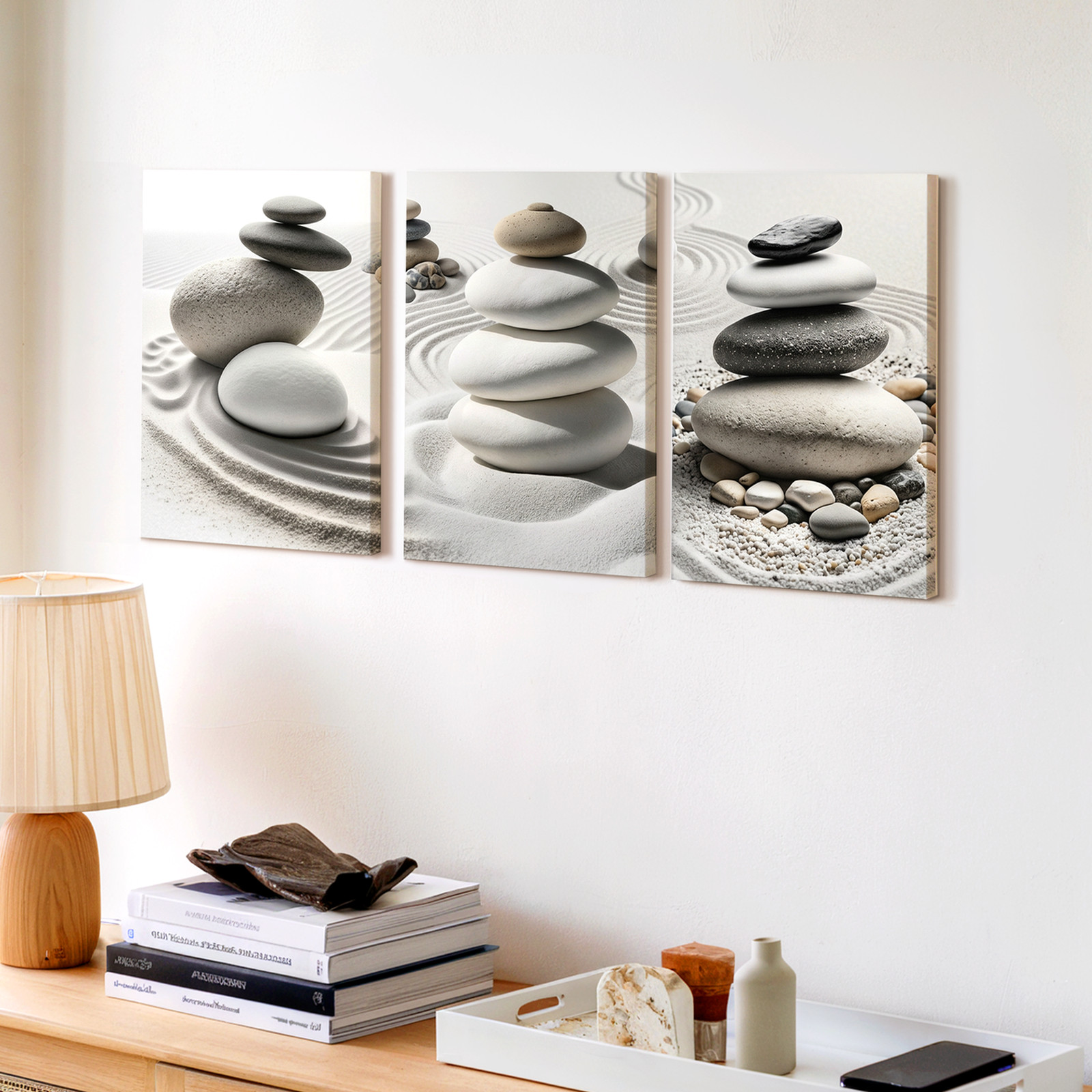 3 Pieces Zen Stone Balance Sand Patterns Tranquil Large Wall Art for Set Of 3
