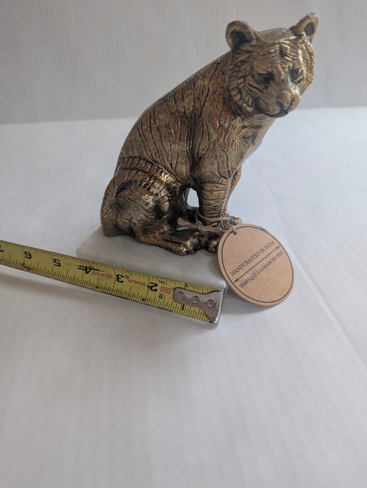 Handcrafted Brass-effect Tiger Figurine Sculpted Marble Base India Home Decor