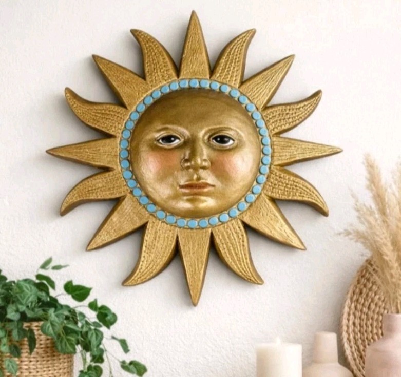 Gold Celestial Chalkware Sun Face Turquoise Dots Wall Decor 11&Prime; Boho Plaster