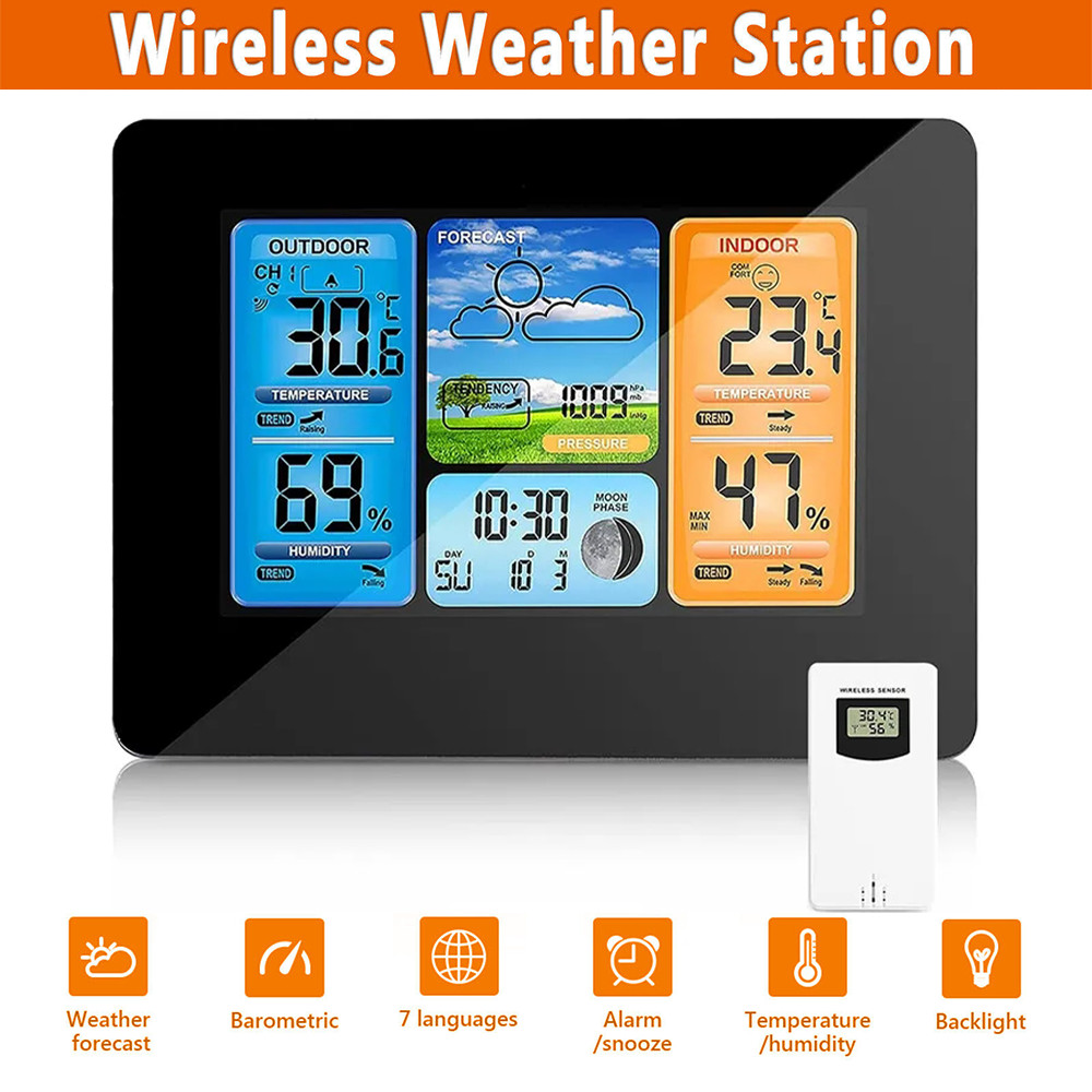 Wireless Indoor & Outdoor Weather Station Clock Calendar Digital LCD Thermometer