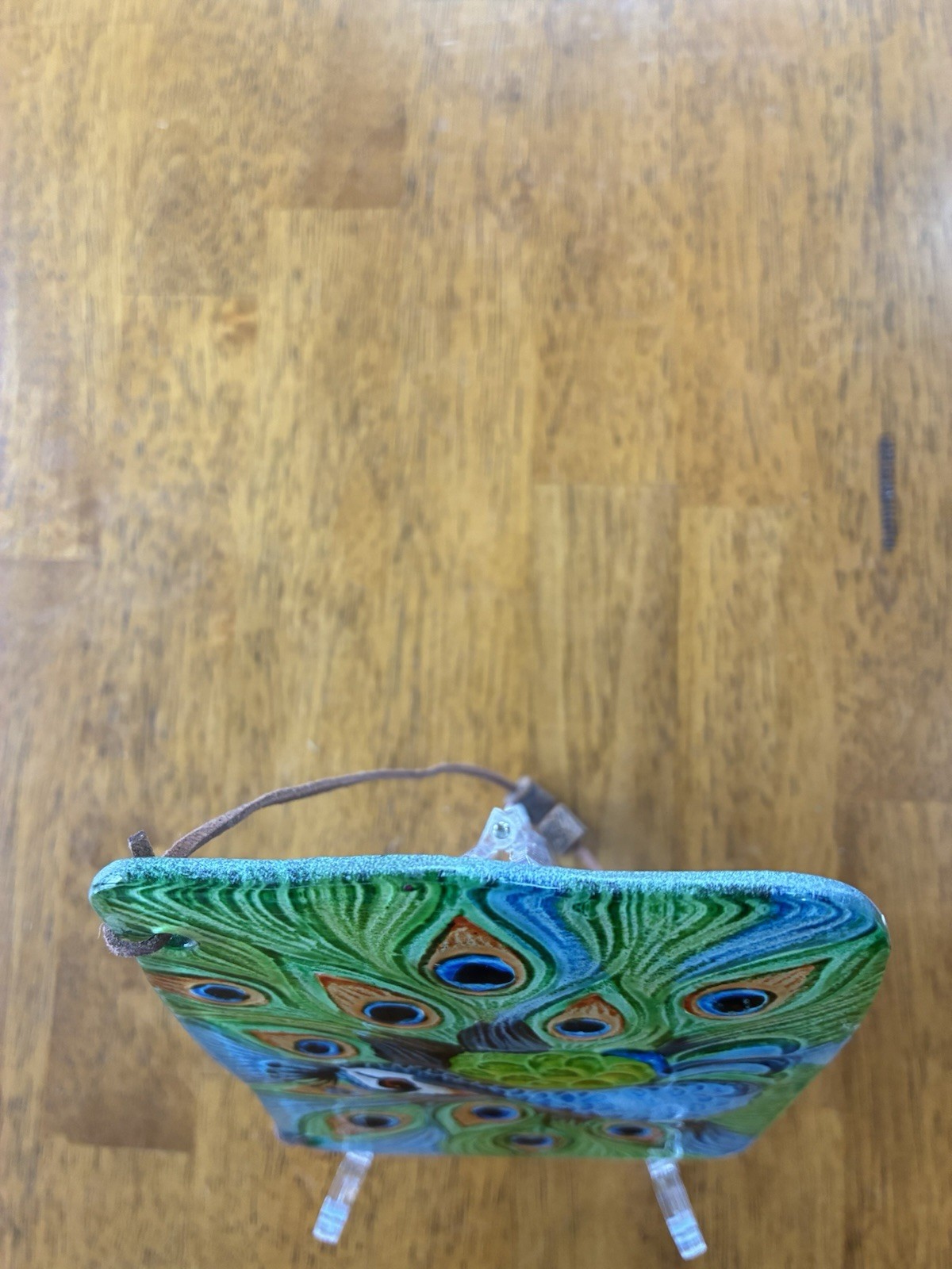 Glass Peacock Window/ Wall Decor Hanging Leather Strap Vibrant Blue Green Orange