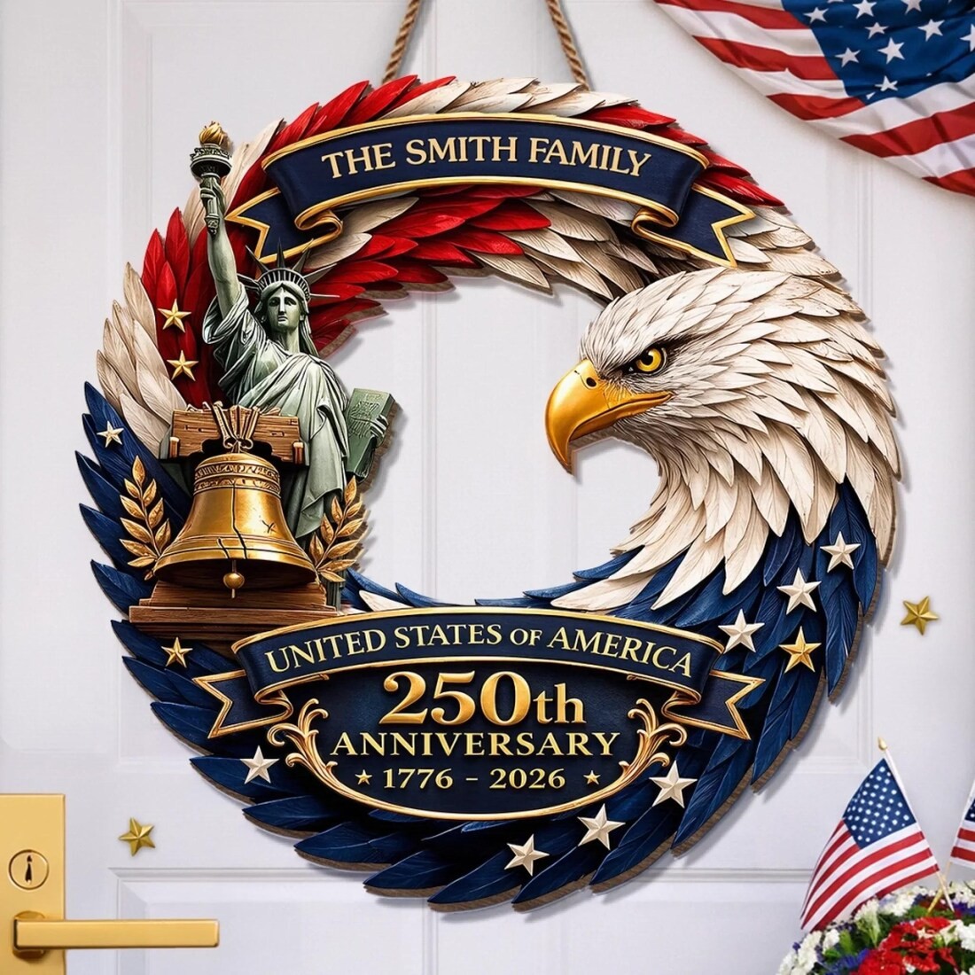 Personalized America 250th Anniversary Wood Wreath 1776-2026 Patriotic