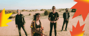Visuel pour le concert du groupe Bab'L Bluz. Une femme (la chanteuse) et trois hommes (les musiciens), sont dans le désert.