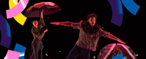 Visuel pour le spectacle de danse Coquilles. Un danseur au premier plan écarte le bras tandis que la danseuse à l'arrière s'abrite sous un parapluie.