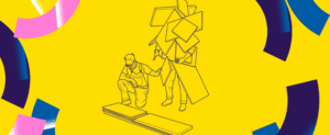 Visuel pour la pièce de théâtre / spectacle de cirque Pling-Klang. Il s'agit d'une illustration montrant deux hommes essayant de construire un meuble. L'un est penché sur la planche posée au sol tandis que l'autre tiens dans ses bras une dizaine de planches qui le recouvre presque totalement.