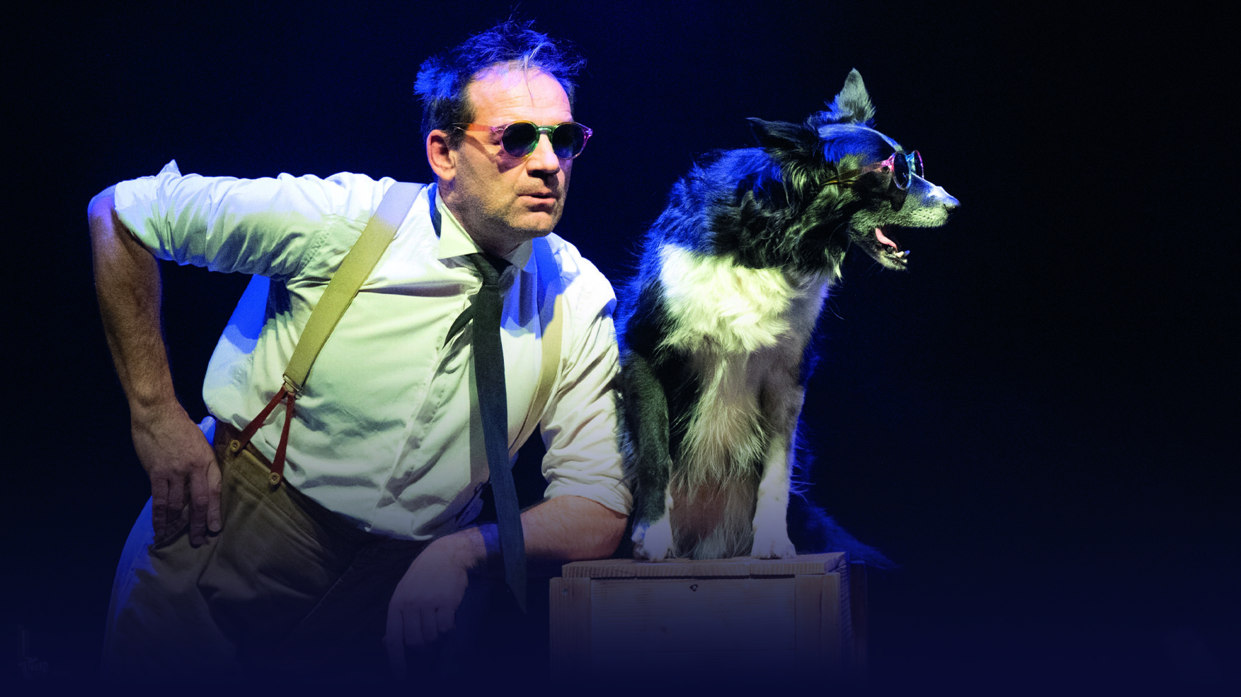 Un comédien avec des lunettes de soleil et une main sur la hanche se tient à côté d'un chien sur scène.