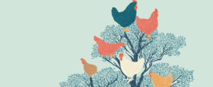 dessin de poules perchées dans un arbre