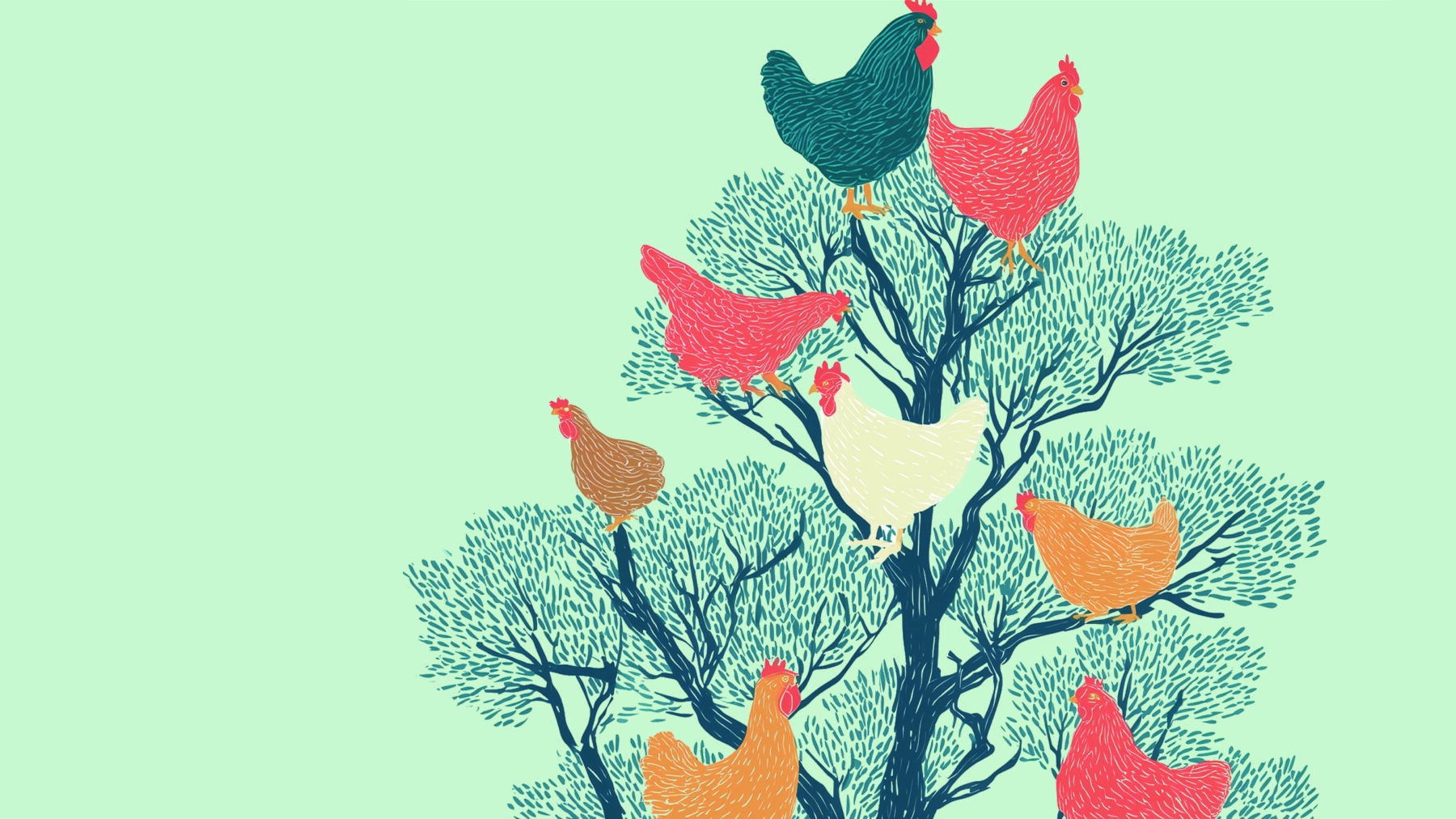 dessin de plusieurs poules perchées dans un arbre