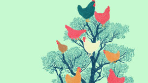 dessin de plusieurs poules perchées dans un arbre